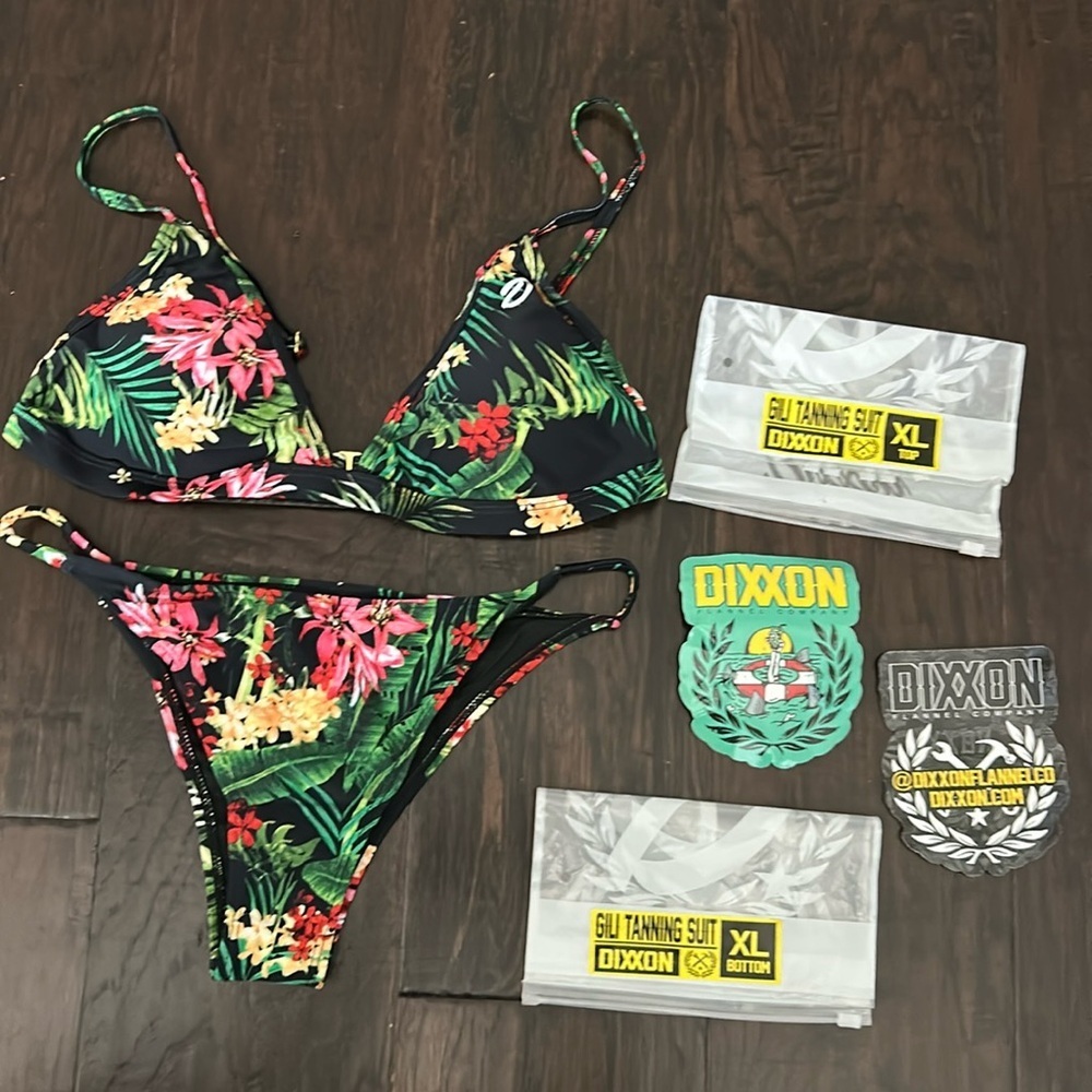 Dixxon Floral Triangle Bikini Set in Black with Tropical Print